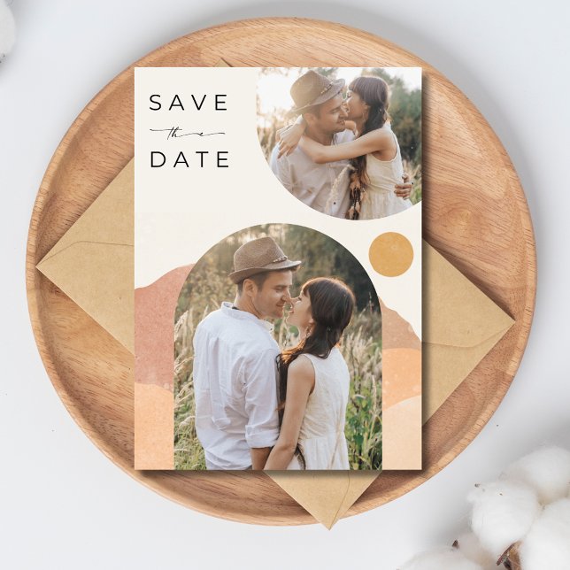 Save The Date Boho Arch Deux Photo Mariage du désert (Boho Arch Two Photo Desert Wedding Save The Date)