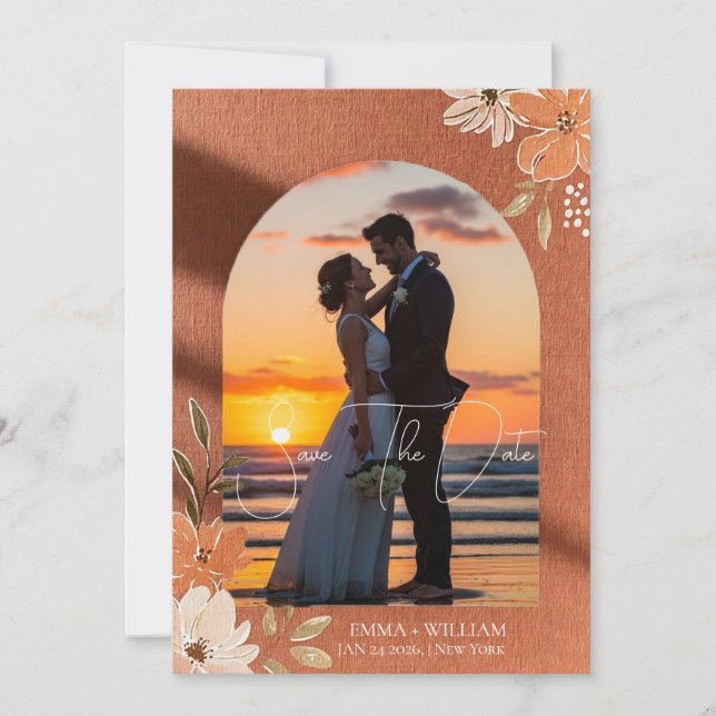 Save The Date Boho Arch Florale en Terre Cuite Photo (Devant)