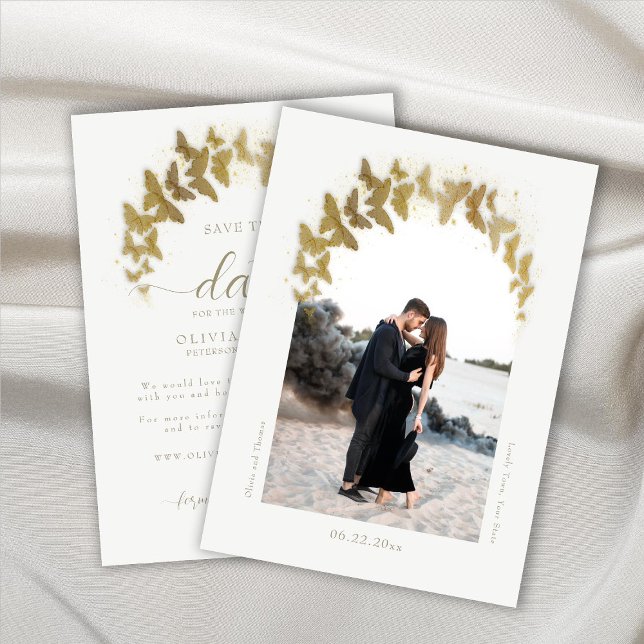 Save The Date Boho Arch Gold Butterflies Élégant Mariage photo (Créateur téléchargé)