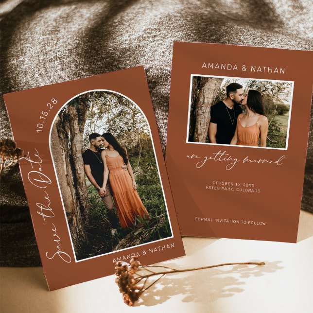 Save The Date Boho Arch Photo Mariage en terre cuite (terracotta fall wedding save the date)