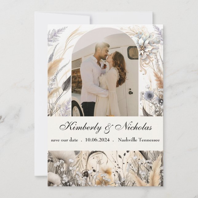 Save The Date Boho Arche Rustique Naturel Pampas Floral Botaniqu (Devant)