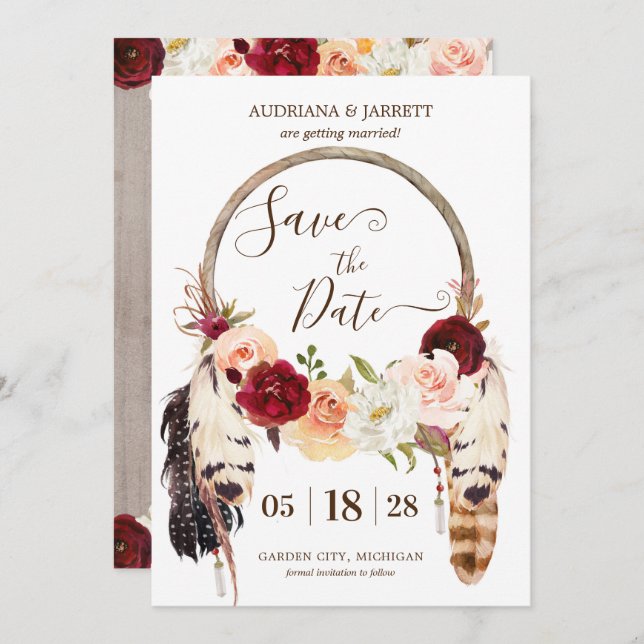 Save The Date Boho Attrape-Rêves Blush & Roses Pêches (Devant / Derrière)