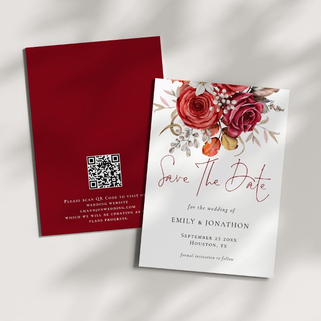 Save The Date Boho Automne Florals QR Code Mariage (Front and back view)