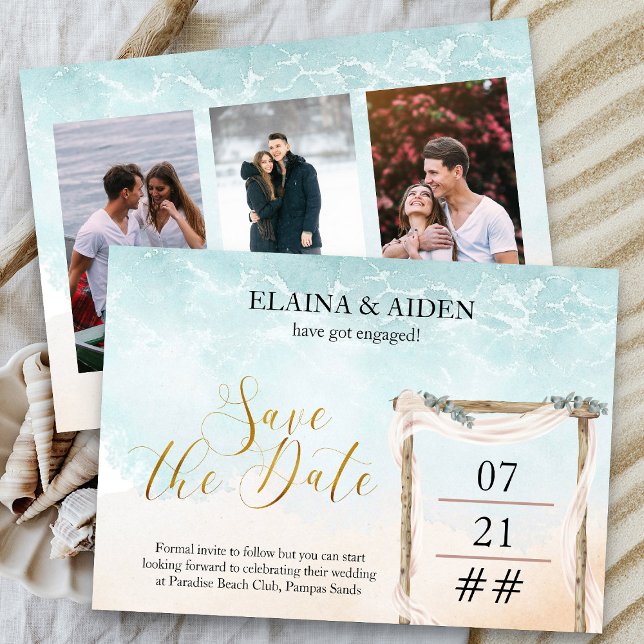 Save The Date Boho Beach Arbor Mariage 3 Photo (3 Photo Ocean Beach Themed Save the Date with gold calligraphy - Boho Beach Collection)