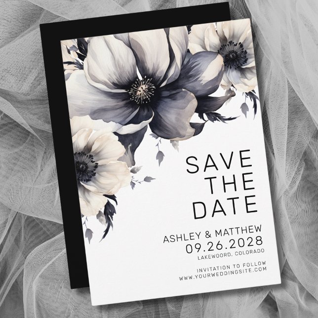 Save The Date Boho Black Blanc Floral Mariage (Modern Boho Black White Floral Wedding Save The Date)