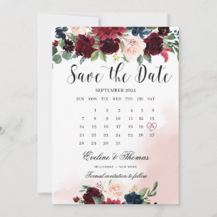 Save The Date Boho bleu bordeaux rose marine mariage floral