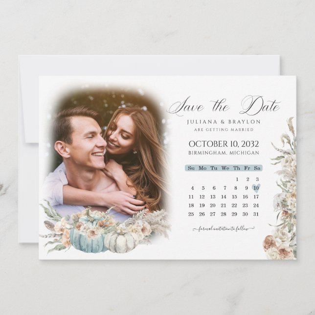 Save The Date Boho bleu Citrouilles & séché Floral Calendrier &  (Devant)