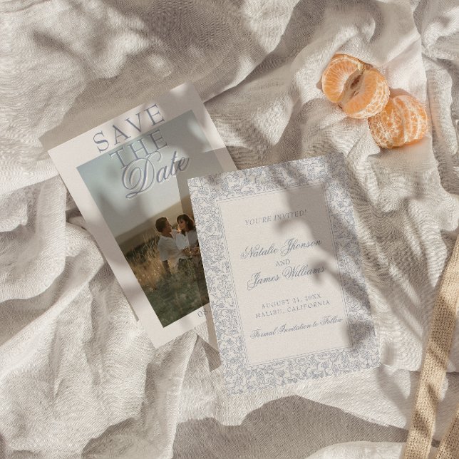 Save The Date Boho Bleu Floral Botanique Photo Mariage (Créateur téléchargé)