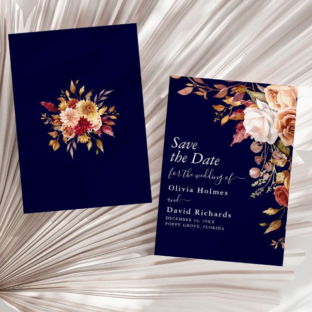 Save The Date Boho Bleu Marine Orange Brûlé Floral Mariage (Boho Navy Blue Burnt Orange Floral Wedding Save The Date on a sunny neutral dry palm leaf.)