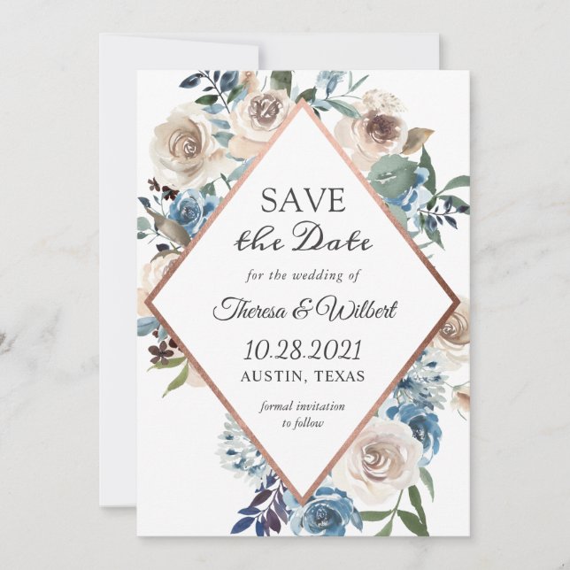 Save The Date Boho Bleu Poussiéreux Floral Rustique Enregistrer  (Devant)