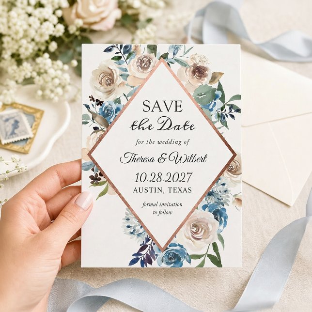 Save The Date Boho Bleu Poussiéreux Floral Rustique Enregistrer  (Créateur téléchargé)