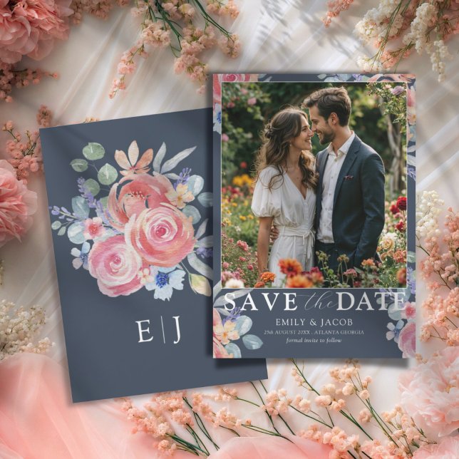 Save The Date Boho Bleu & Rose Blanche Fleurale Enregistrez la D (Créateur téléchargé)