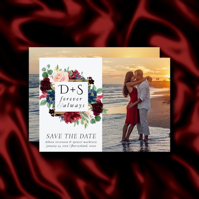 Save The Date Boho Bloom | Bourgogne et marine Monogramme 2 Phot (Créateur téléchargé)