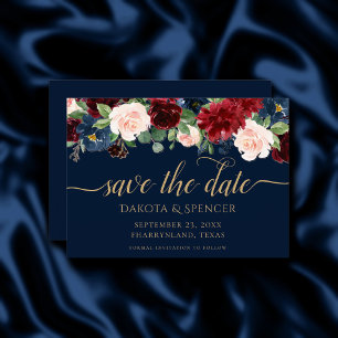 Save The Date Boho Blooms Dark Rustic Navy Bleu et Bourgogne
