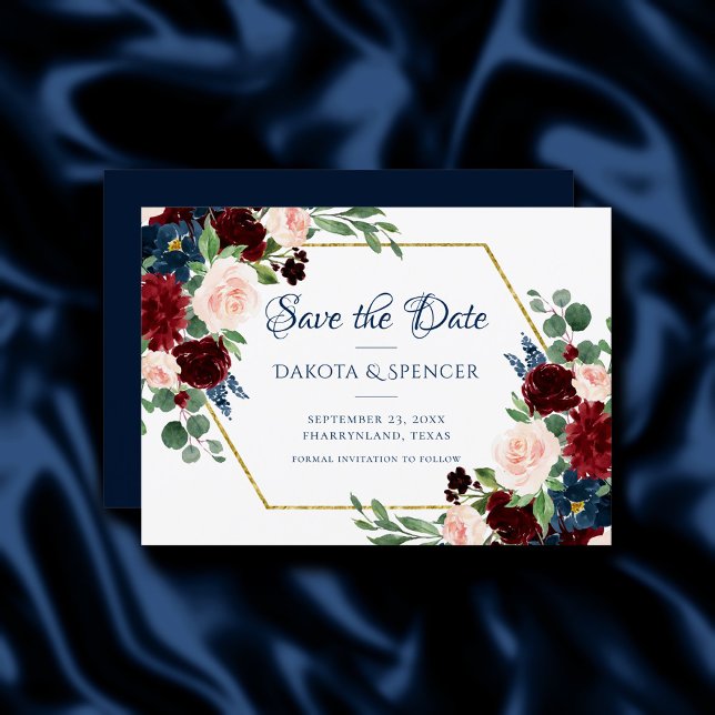 Save The Date Boho Blooms | Russe Navy et Bourgogne Bouquet (Créateur téléchargé)