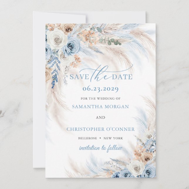 Save The Date Boho Blue Floral et ivoire Roses Pampas Grass (Devant)