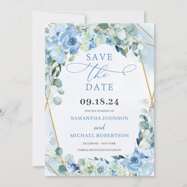 Save The Date Boho Blue Floral Roses et Gold Géométrique (Devant)