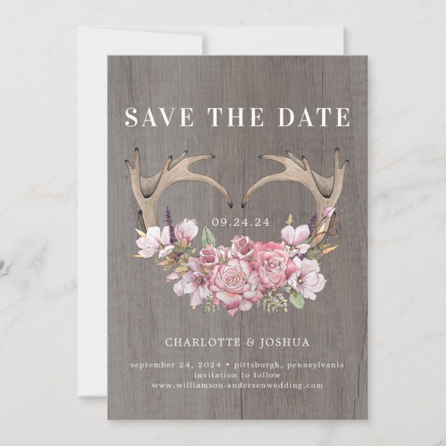 Save The Date Boho Blush Floral Antlers Photo Enregistrer la dat (Devant)