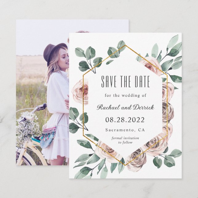 Save The Date Boho Blush Floral avec photo Enregistrer la date (Devant / Derrière)