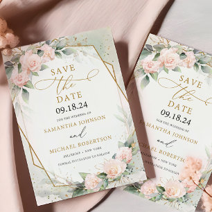 Save The Date Boho Blush rose Floral eucalyptus Gold Frame