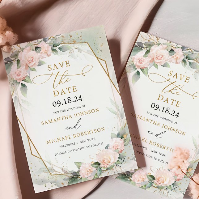 Save The Date Boho Blush rose Floral eucalyptus Gold Frame (Modern watercolor blush and gold green eucalyptus save the date card template)