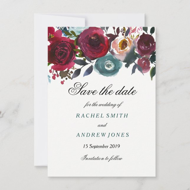 Save The Date Boho Bordo Bourgogne Fleurs rouges Sauvez la date (Devant)