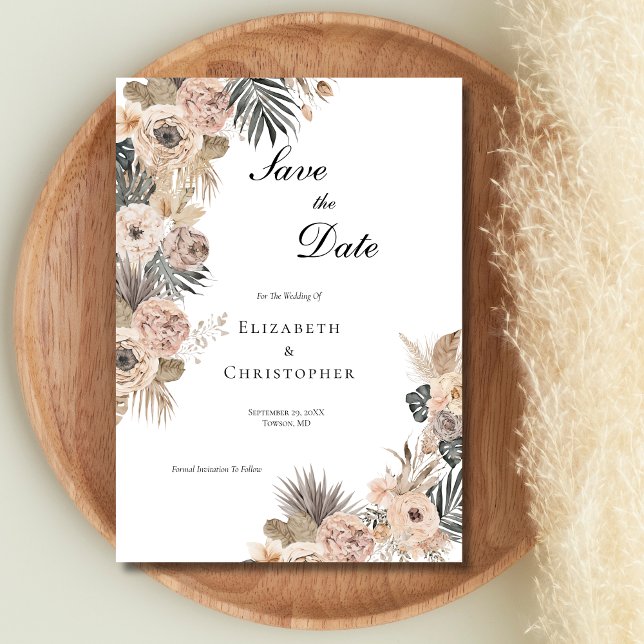 Save The Date Boho Botanique Floral Fleurs Beige Rose Mariage (Elegant Watercolor pink gray boho floral botanical wedding save the date. )