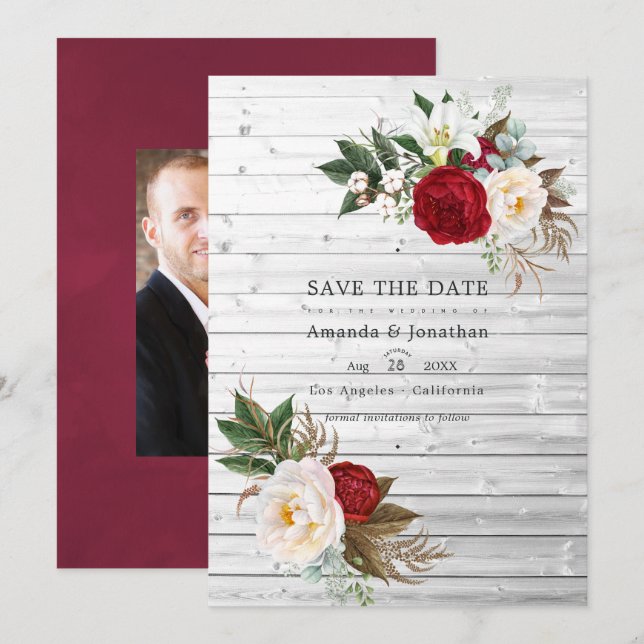 Save The Date Boho Bourgogne - Mariage Floral Bohème Bourgeois (Devant / Derrière)
