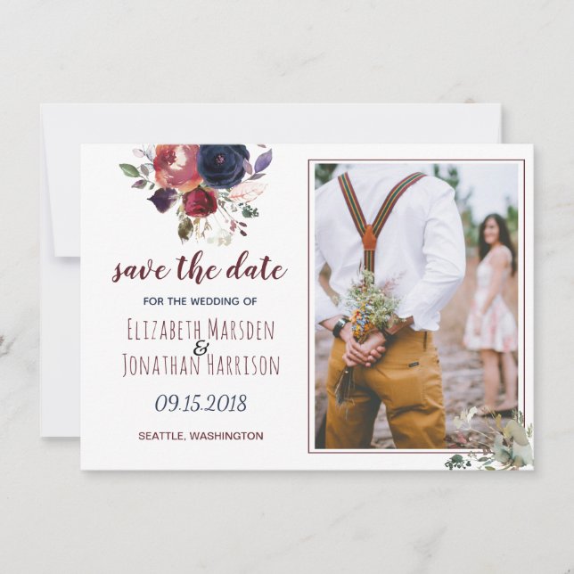 Save The Date Boho Bourgogne Marine Floral Photo Enregistrer La  (Devant)