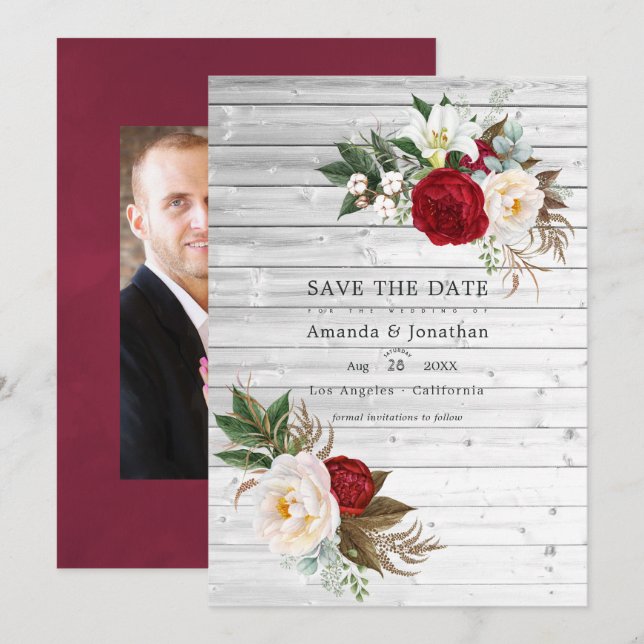 Save The Date Boho Bourgogne - Photo de mariage floral Marsala (Devant / Derrière)