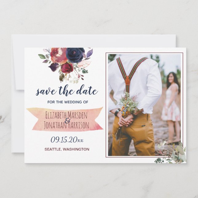 Save The Date Boho Burgundy Navy Floral Photo ZZ Enregistrer La  (Devant)