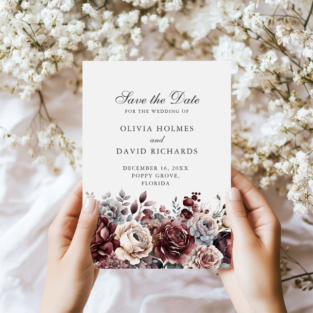 Save The Date Boho Burgundy & Sage Green Floral Enregistrer la d (Boho Burgundy & Sage Green Floral Save the Date in hands next to tiny white flowers.)
