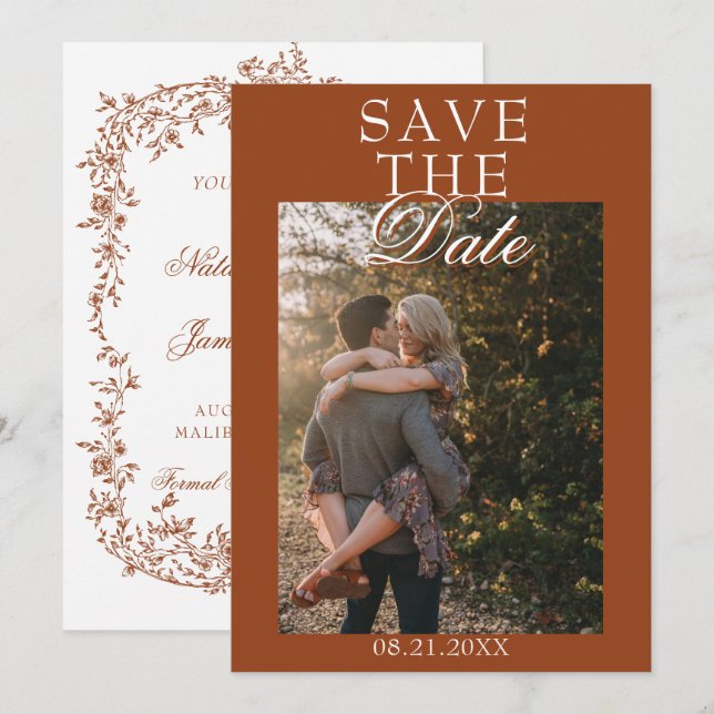 Save The Date Boho Burnt Orange Floral Botanical Photo Wedding (Devant / Derrière)