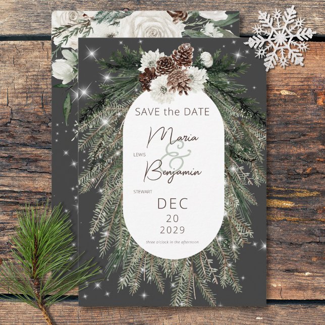 Save The Date Boho Charcoal Pine Winter Sparkle Mariage (Boho Charcoal Pine Winter Sparkle Wedding Save The Date)