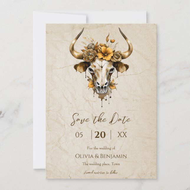 Save The Date Boho Chic Aquarelle Fleur Crâne de Vache Mariage (Devant)