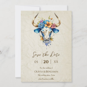 Save The Date Boho Chic Aquarelle Floral Vache Mariage crâne