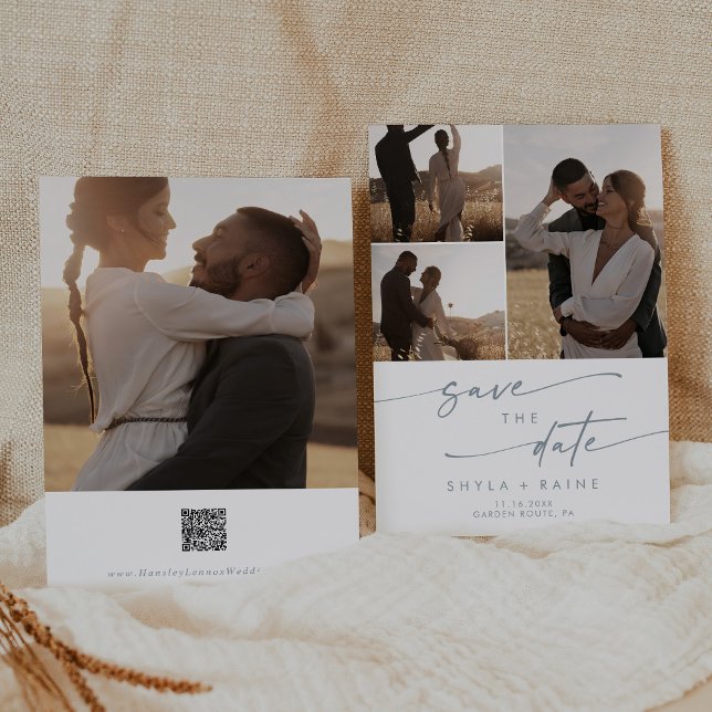 Save The Date Boho Chic Ardoise Bleu Multi Photo QR Code (Créateur téléchargé)