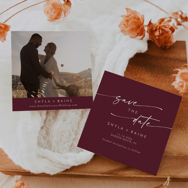 Save The Date Boho Chic Bourgogne Rouge Carré Photo Retour (Créateur téléchargé)