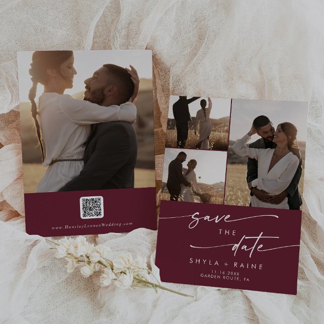 Save The Date Boho Chic Bourgogne Rouge Multi Photo QR Code (Créateur téléchargé)
