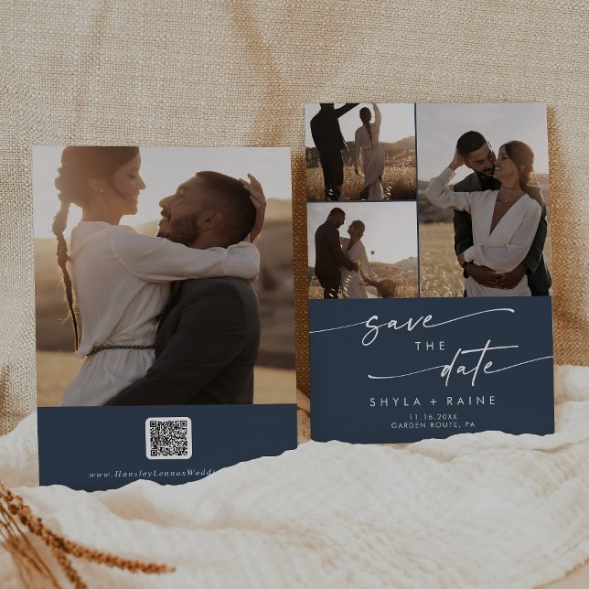 Save The Date Boho Chic Dark Navy Bleu Multi Photo QR Code (Créateur téléchargé)