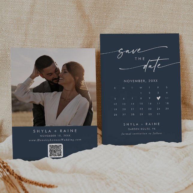 Save The Date Boho Chic Dark Navy Bleu QR Code Calendrier photo (Créateur téléchargé)