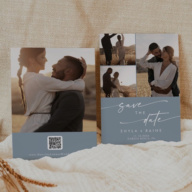 Save The Date Boho Chic Dusty Blue Multi Photo QR Code (Créateur téléchargé)