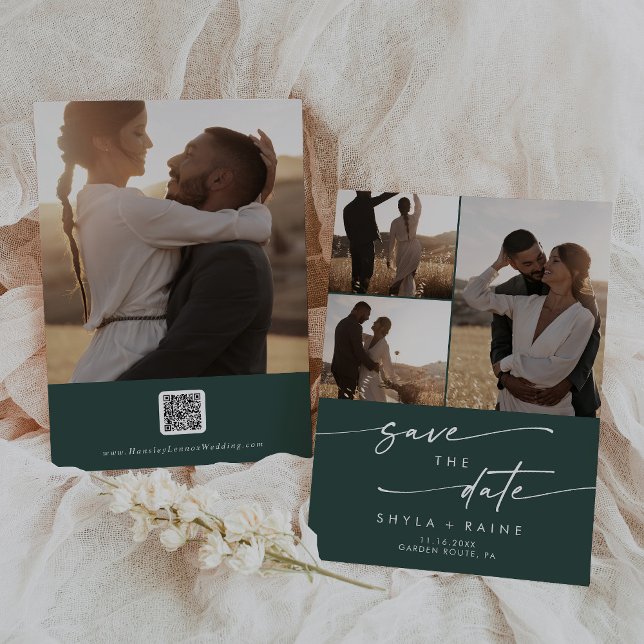 Save The Date Boho Chic Emerald Green Multi Photo QR Code (Créateur téléchargé)