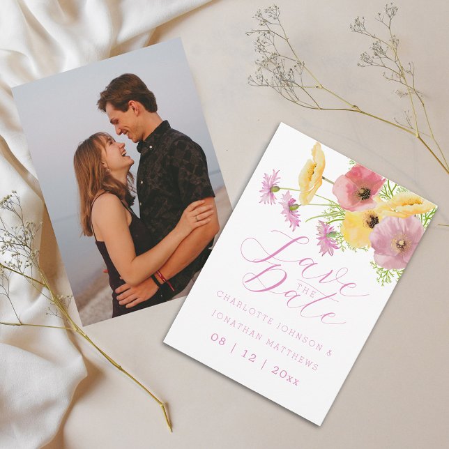 Save The Date Boho Chic Fleur de Fleur Rose Photo Mariage (Elegant watercolor wildflower bouquet pink yellow floral wedding save the date invitation)