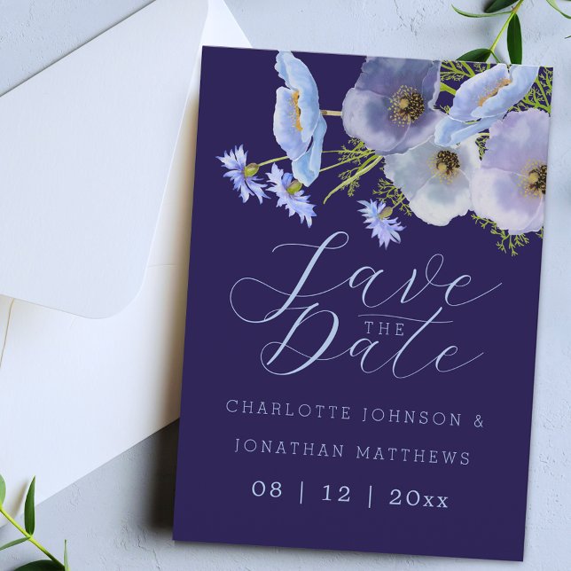 Save The Date Boho Chic Fleur de Sauvage Floral Bleu Marine Mari (Boho chic wildflower bouquet watercolor blue floral navy blue wedding save the date invitation)