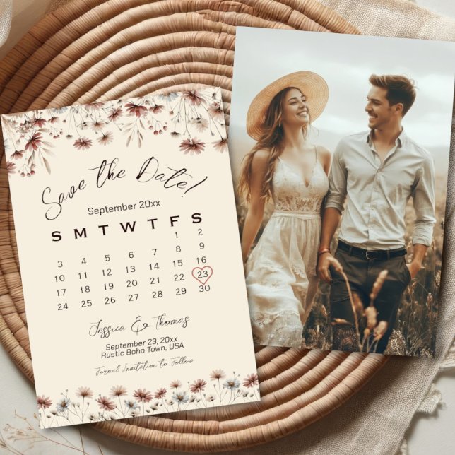 Save The Date Boho Chic Fleur sauvage Mariage Calendrier & Photo (Front/Back)