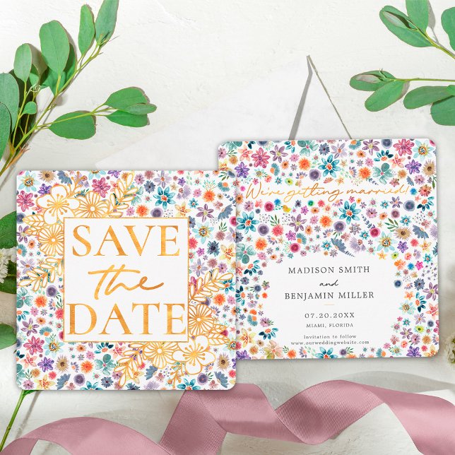Save The Date Boho Chic Floral Gold Fleur sauvage Jardin Mariage (Front/Back)