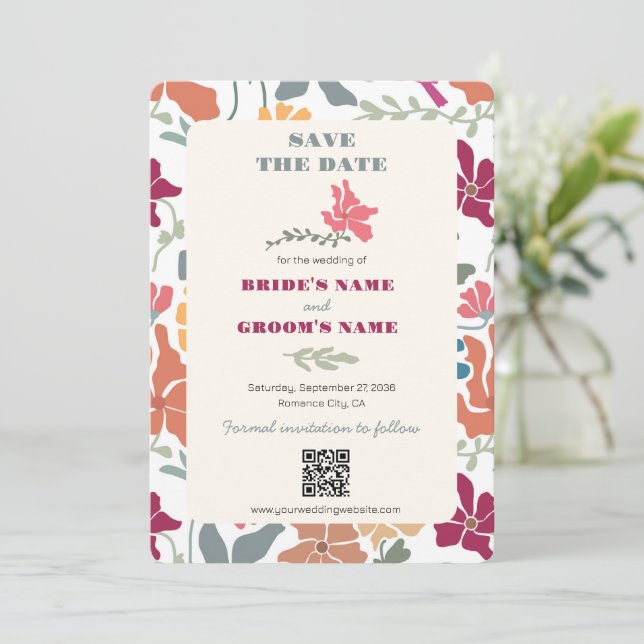 Save The Date Boho Chic Floral Mariage Rétro Milieu de Siècle (Debout devant)