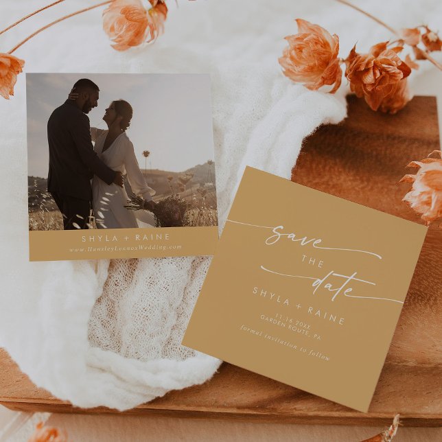 Save The Date Boho Chic Jaune Marigold Carré Photo Retour (Créateur téléchargé)