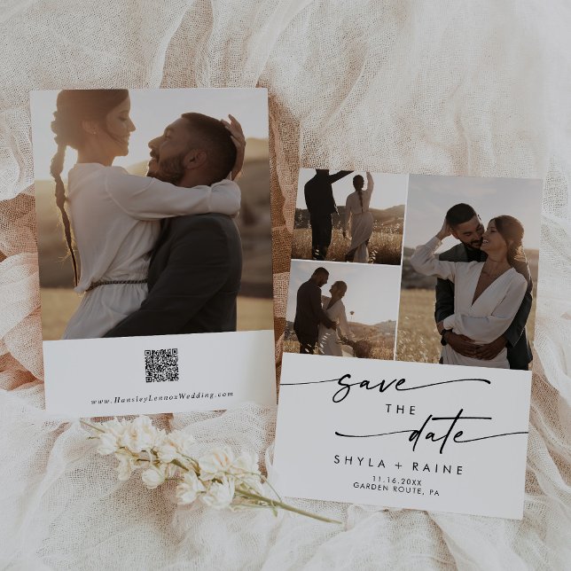 Save The Date Boho Chic noir et blanc multi photo QR Code (Créateur téléchargé)